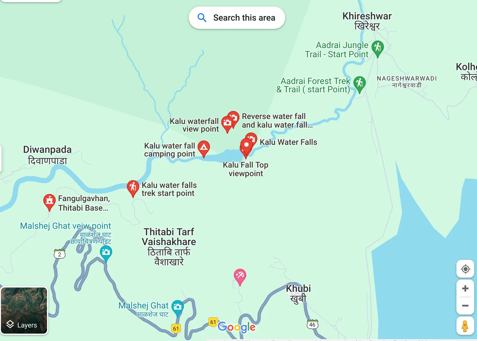 Google map of the kalu waterfall trek