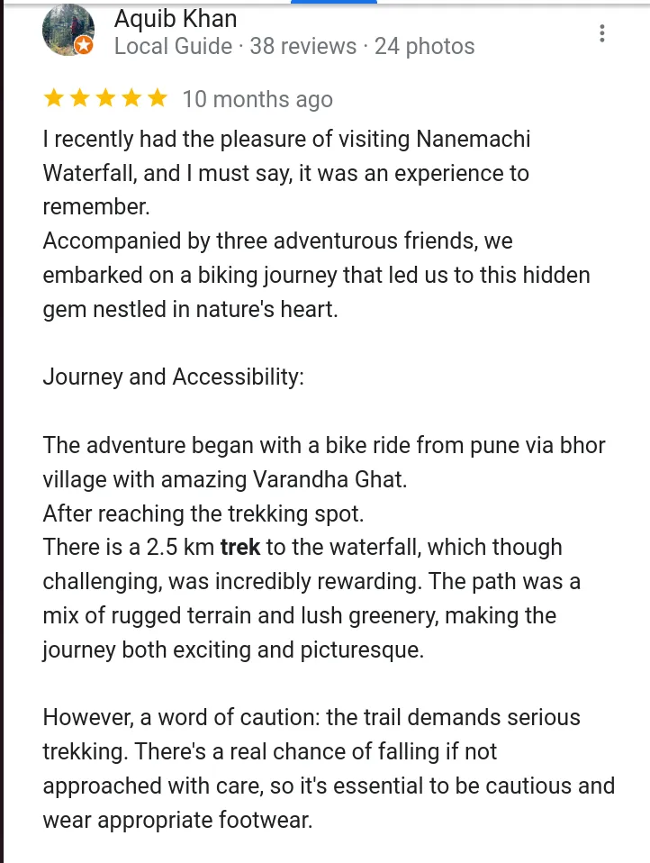 Nanemachi Waterfall Trek review from google